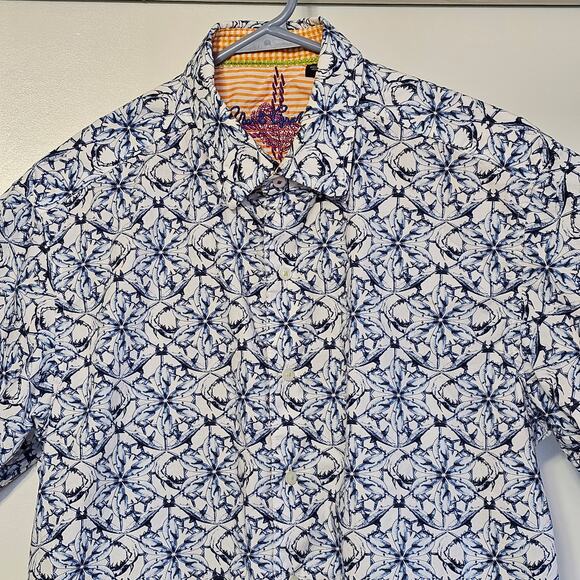 Robert Graham Shirt Blue Shark Flip Cuff Short Sleeve Dress Mens Medium - Picture 2 of 7